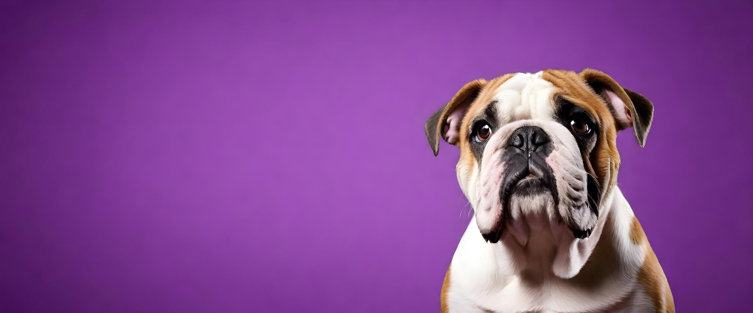 A portrait of a dog on a purple background.